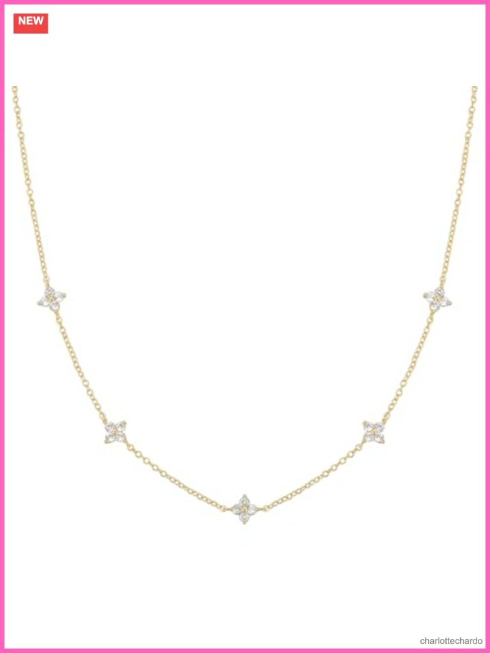 14K Gold Plated Four-Leaf Flower Pendant Necklace Cubic Zirconia Dainty Layered